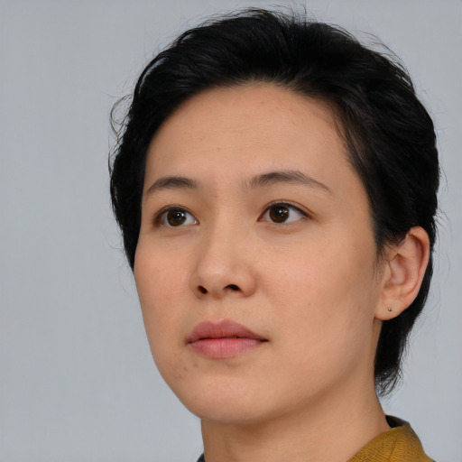 Neutral asian young-adult female with medium  brown hair and brown eyes