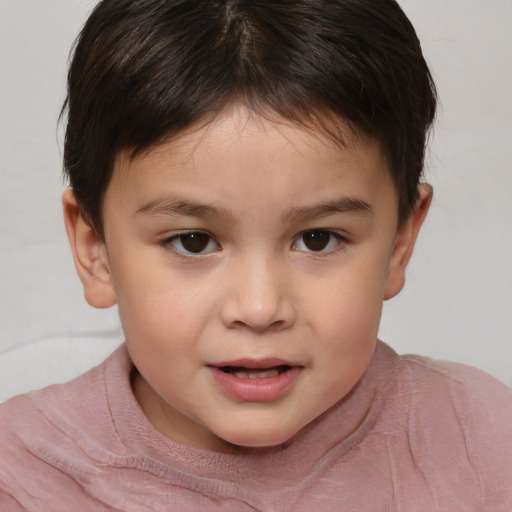 Joyful white child female with short  brown hair and brown eyes