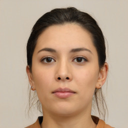 Neutral asian young-adult female with medium  brown hair and brown eyes