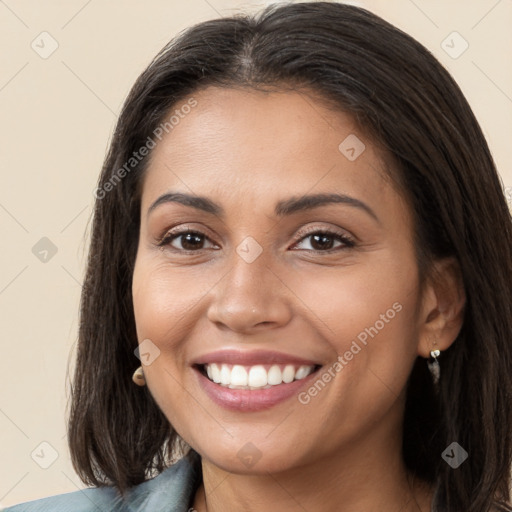 Joyful white young-adult female with long  brown hair and brown eyes