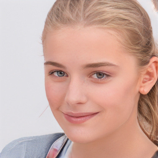 Joyful white child female with medium  brown hair and blue eyes