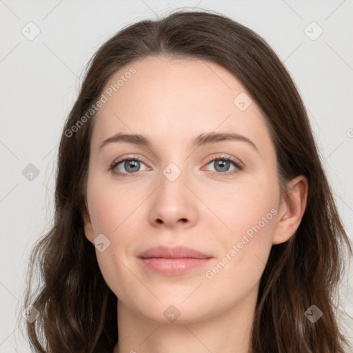 Neutral white young-adult female with long  brown hair and grey eyes