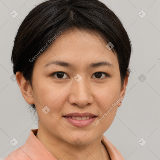 Joyful asian young-adult female with short  brown hair and brown eyes