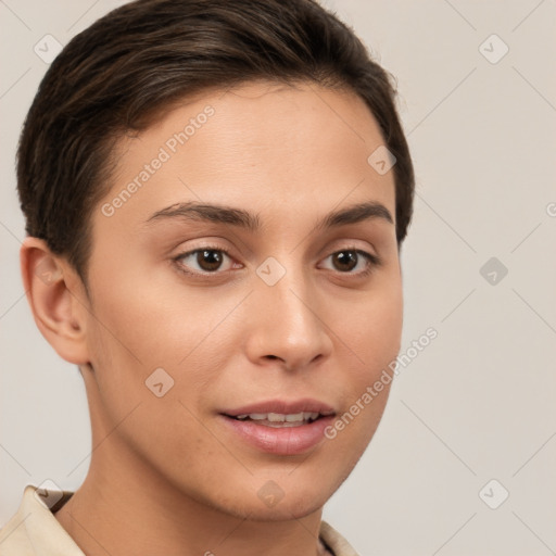 Joyful white young-adult female with short  brown hair and brown eyes