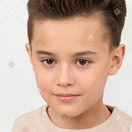 Joyful white child female with short  brown hair and brown eyes