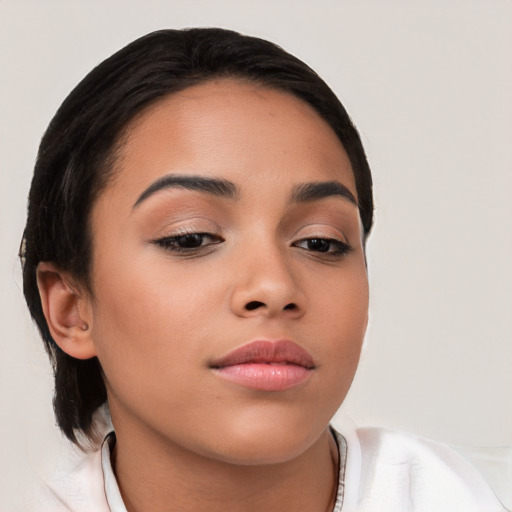 Neutral asian young-adult female with medium  brown hair and brown eyes