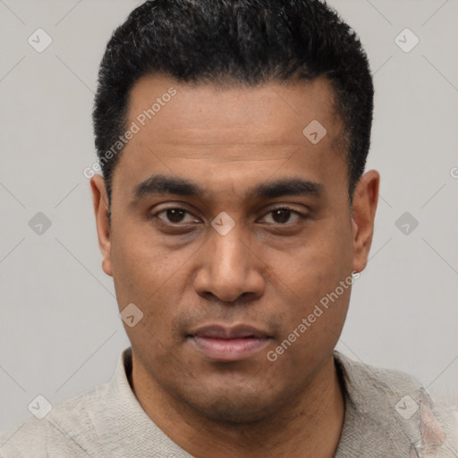 Neutral latino young-adult male with short  black hair and brown eyes