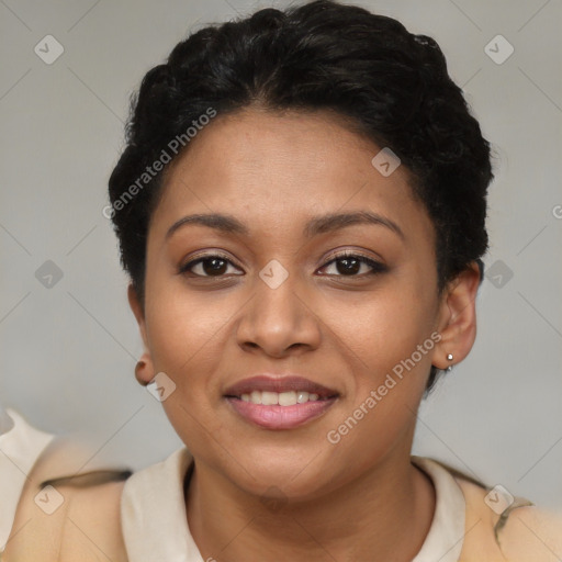 Joyful latino young-adult female with short  brown hair and brown eyes