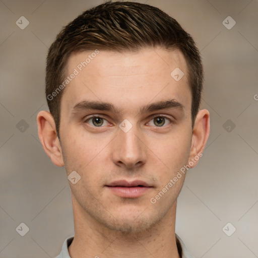 Neutral white young-adult male with short  brown hair and brown eyes