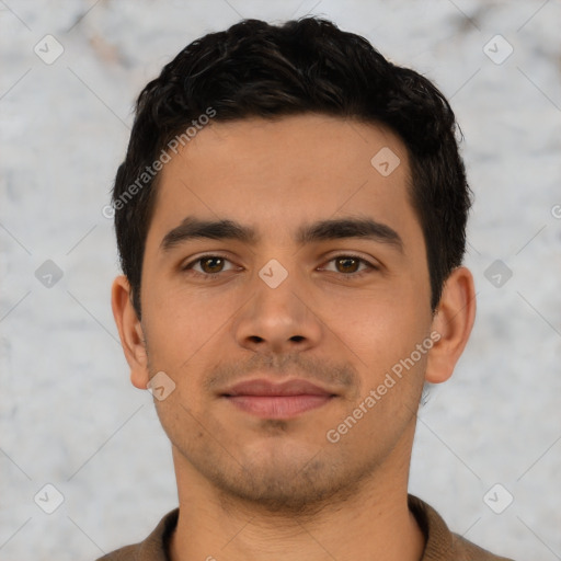 Neutral latino young-adult male with short  black hair and brown eyes