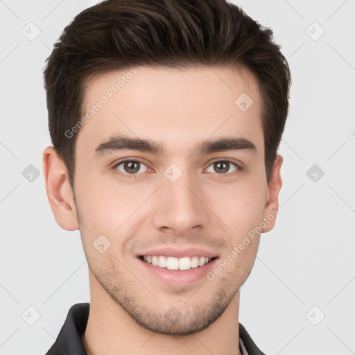 Joyful white young-adult male with short  brown hair and brown eyes