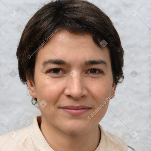 Joyful white young-adult female with short  brown hair and brown eyes