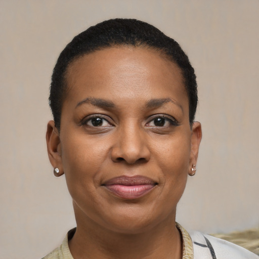 Joyful black young-adult female with short  black hair and brown eyes