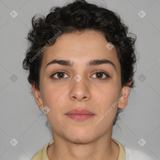 Neutral white young-adult female with short  brown hair and brown eyes