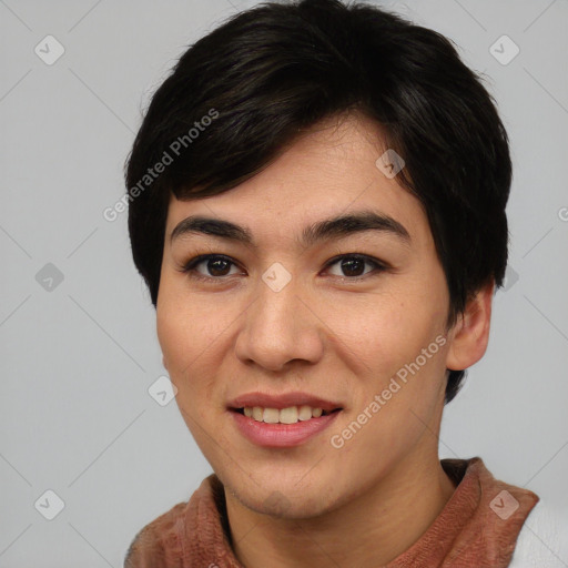 Joyful asian young-adult female with short  brown hair and brown eyes