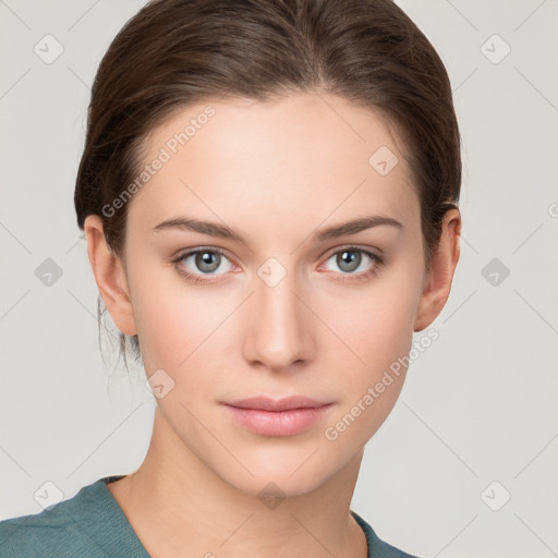 Neutral white young-adult female with medium  brown hair and grey eyes