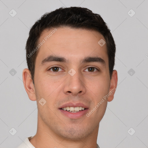 Joyful white young-adult male with short  brown hair and brown eyes