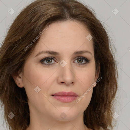 Joyful white young-adult female with medium  brown hair and green eyes