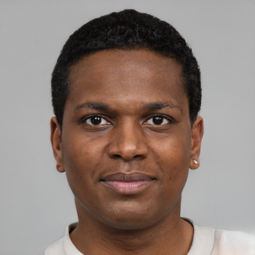 Neutral black young-adult male with short  black hair and brown eyes
