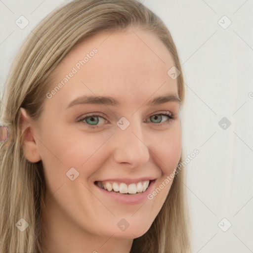 Joyful white young-adult female with long  brown hair and blue eyes