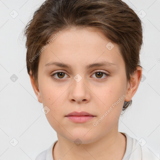 Neutral white young-adult female with short  brown hair and brown eyes