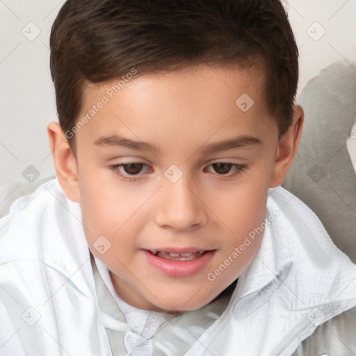 Joyful white child female with short  brown hair and brown eyes