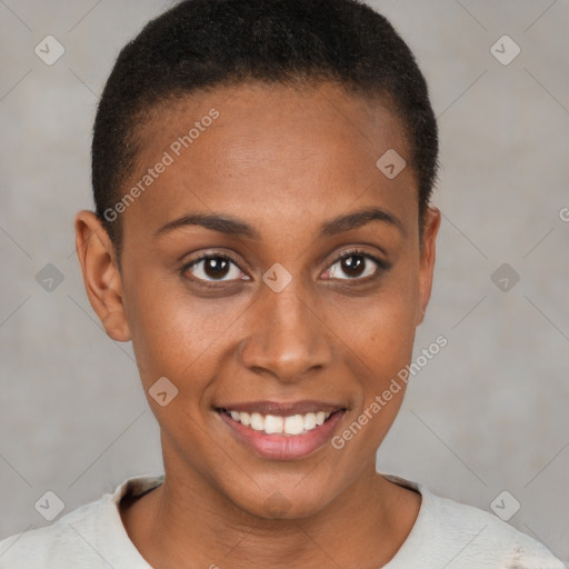 Joyful black young-adult female with short  brown hair and brown eyes