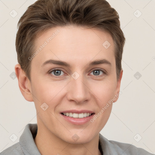 Joyful white young-adult female with short  brown hair and grey eyes