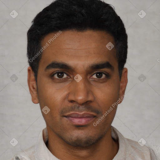 Neutral black young-adult male with short  black hair and brown eyes