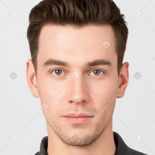 Neutral white young-adult male with short  brown hair and brown eyes