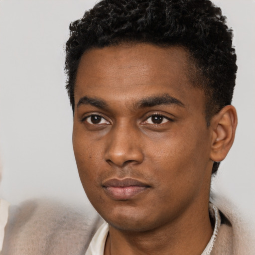 Neutral black young-adult male with short  black hair and brown eyes