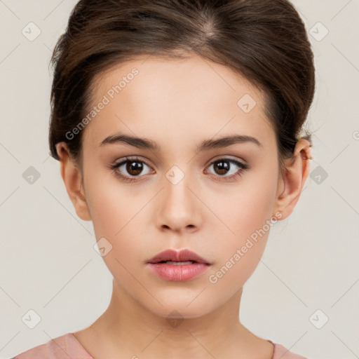 Neutral white young-adult female with short  brown hair and brown eyes