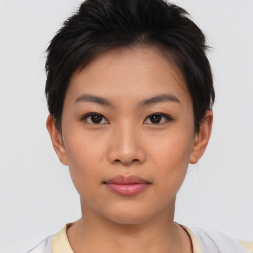 Neutral asian young-adult female with short  brown hair and brown eyes