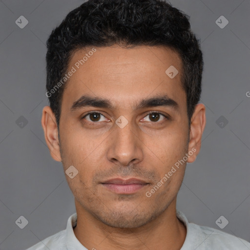 Neutral latino young-adult male with short  black hair and brown eyes