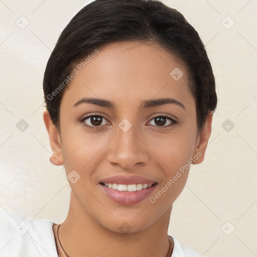 Joyful white young-adult female with short  brown hair and brown eyes