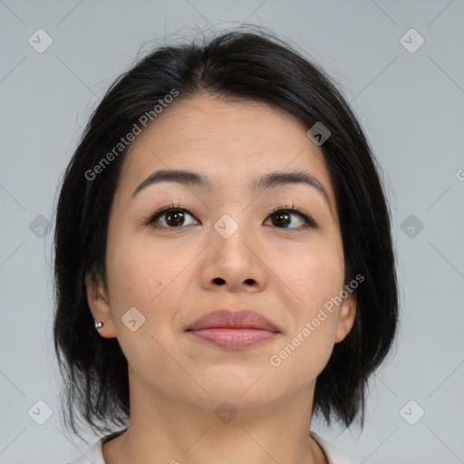 Neutral asian young-adult female with medium  brown hair and brown eyes