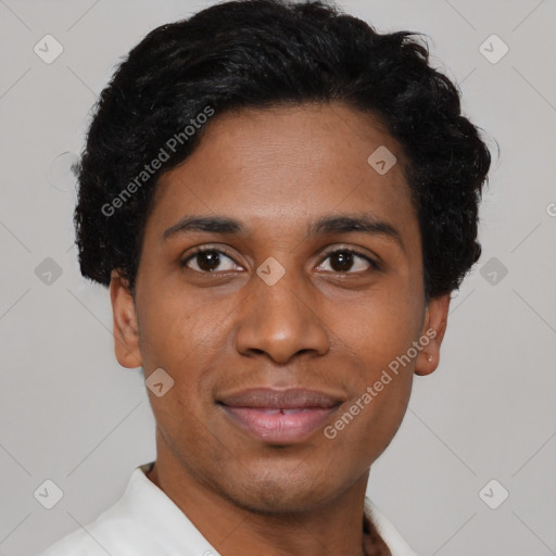 Joyful latino young-adult male with short  black hair and brown eyes