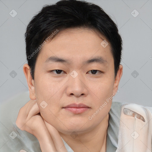 Joyful asian young-adult male with short  brown hair and brown eyes