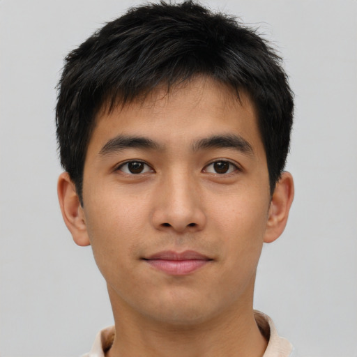 Neutral asian young-adult male with short  brown hair and brown eyes