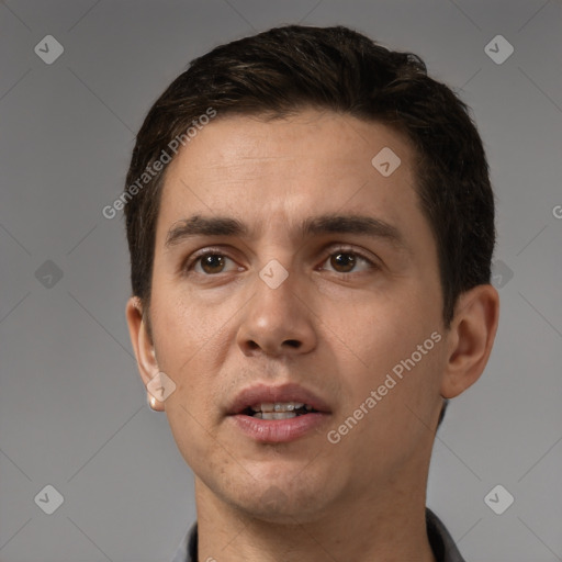 Neutral white young-adult male with short  brown hair and brown eyes