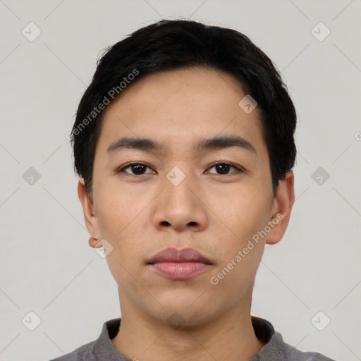 Neutral asian young-adult male with short  black hair and brown eyes