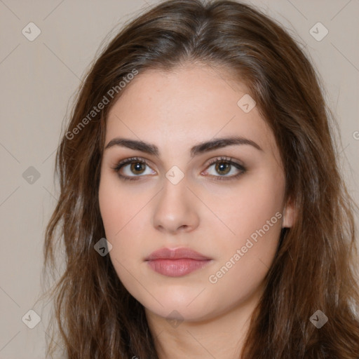 Neutral white young-adult female with long  brown hair and brown eyes