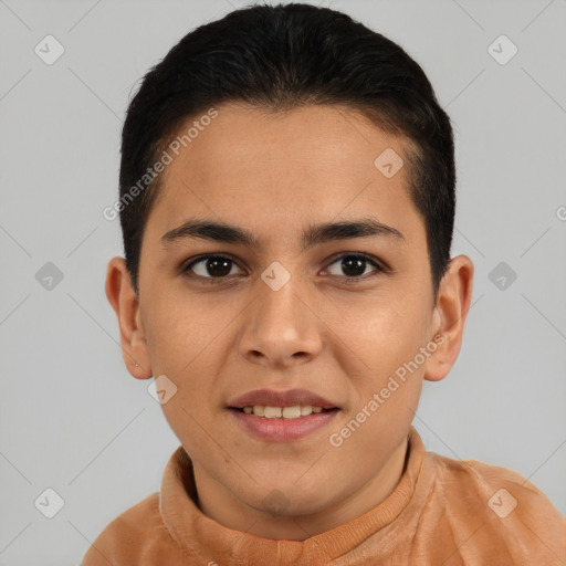 Joyful latino young-adult female with short  brown hair and brown eyes