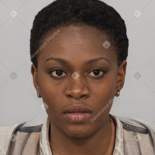 Neutral black young-adult female with short  black hair and brown eyes