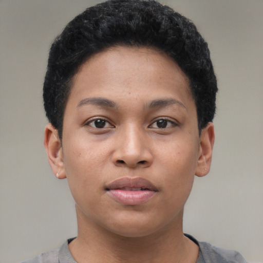 Neutral latino young-adult female with short  brown hair and brown eyes