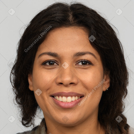 Joyful latino young-adult female with medium  brown hair and brown eyes