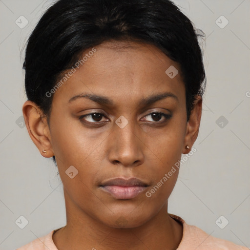 Neutral asian young-adult female with short  brown hair and brown eyes