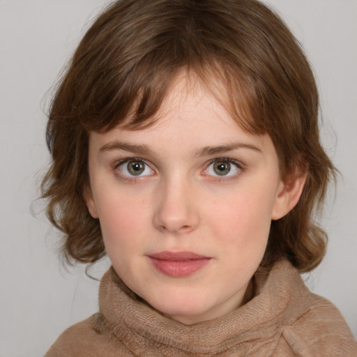 Neutral white child female with medium  brown hair and blue eyes