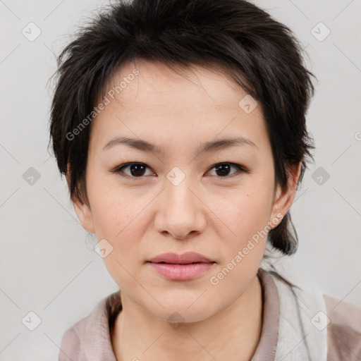 Neutral asian young-adult female with medium  brown hair and brown eyes