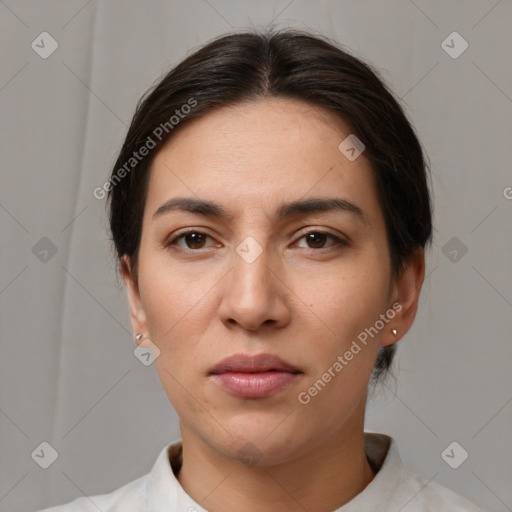 Neutral white young-adult female with medium  brown hair and brown eyes